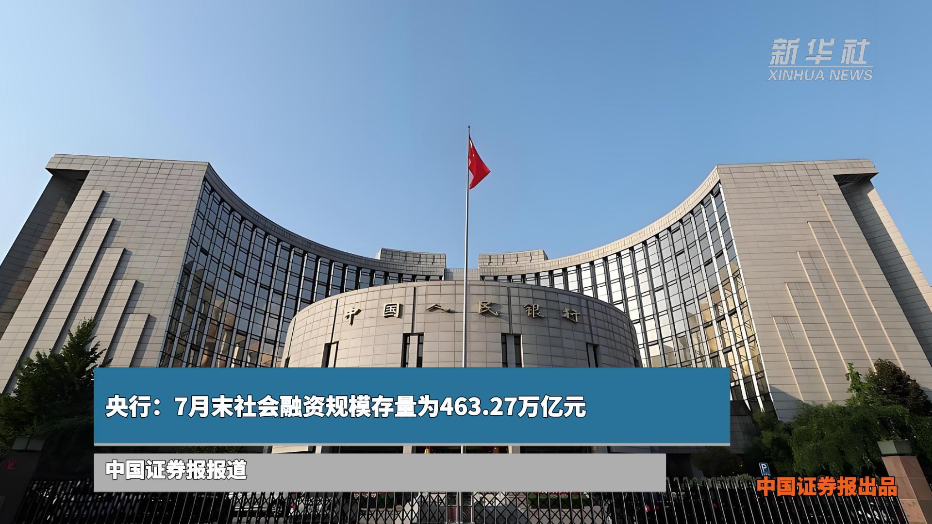 央行：7月末社会融资规模存量为463.27万亿元