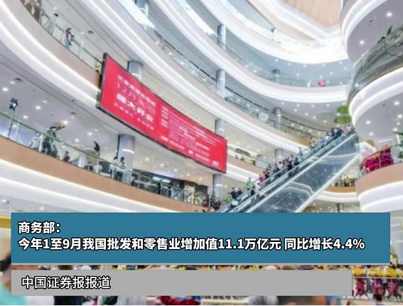 商务部：今年1至9月我国批发和零售业增加值11.1万亿元 同比增长4.4%