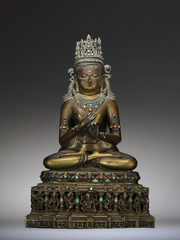 毗卢佛  东北印度  10世纪  黄铜错银,红铜,嵌绿松石,青金石,珊瑚